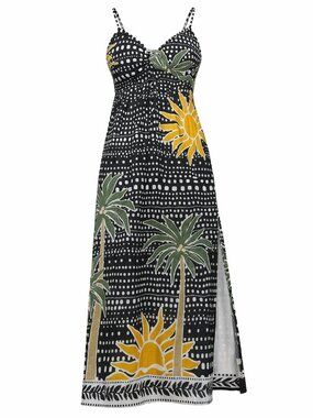 LOFT Linen Cotton Maxi Dress Size 2 NWT Tropical Print Slit Spaghetti Strap
